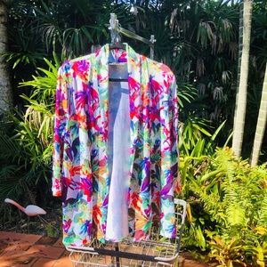 Vintage Open Blazer Cardigan with Tropical Print